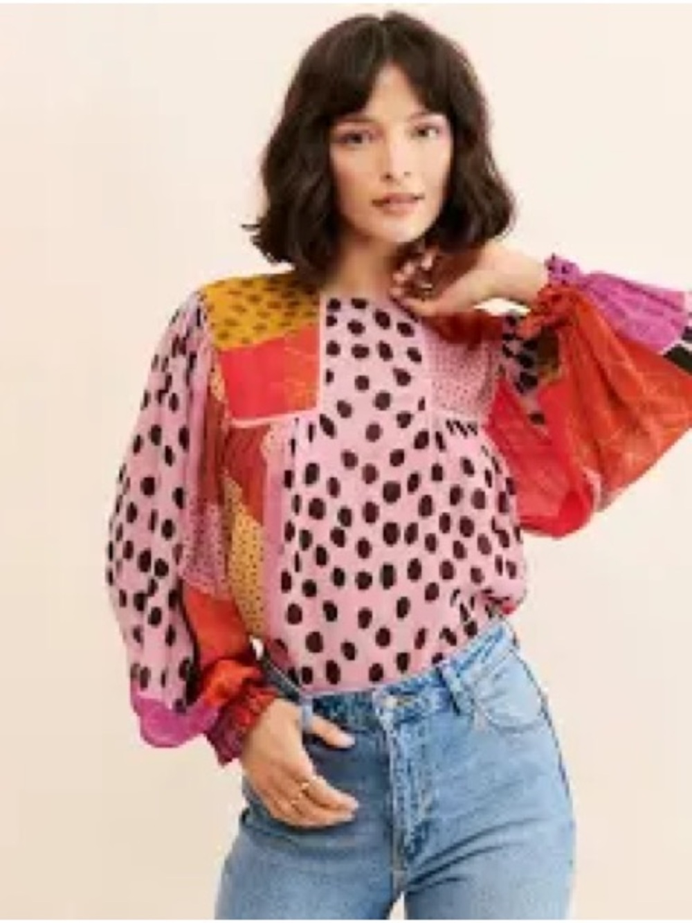 Anthropologie Blank London Multicolor Patchwork Polka Dot Blouse